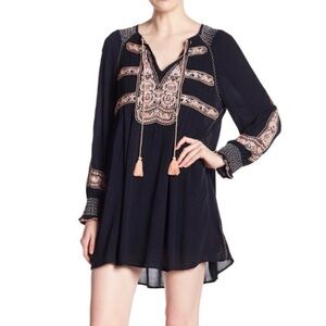 Free People Navy and Peach Embroidered Mini Dress